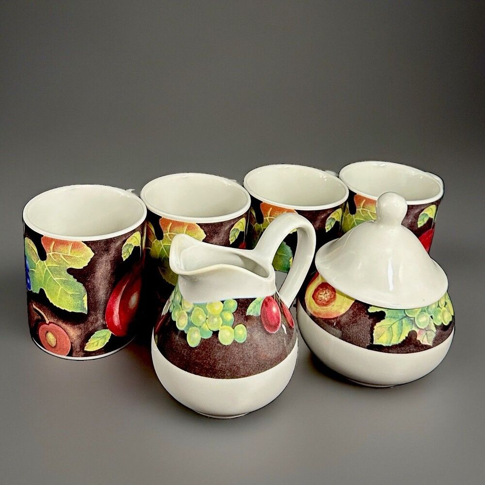 Vintage Sakura Delicious Sue Zipkin Stoneware Fruit Coffee Set of 6 Indonesia